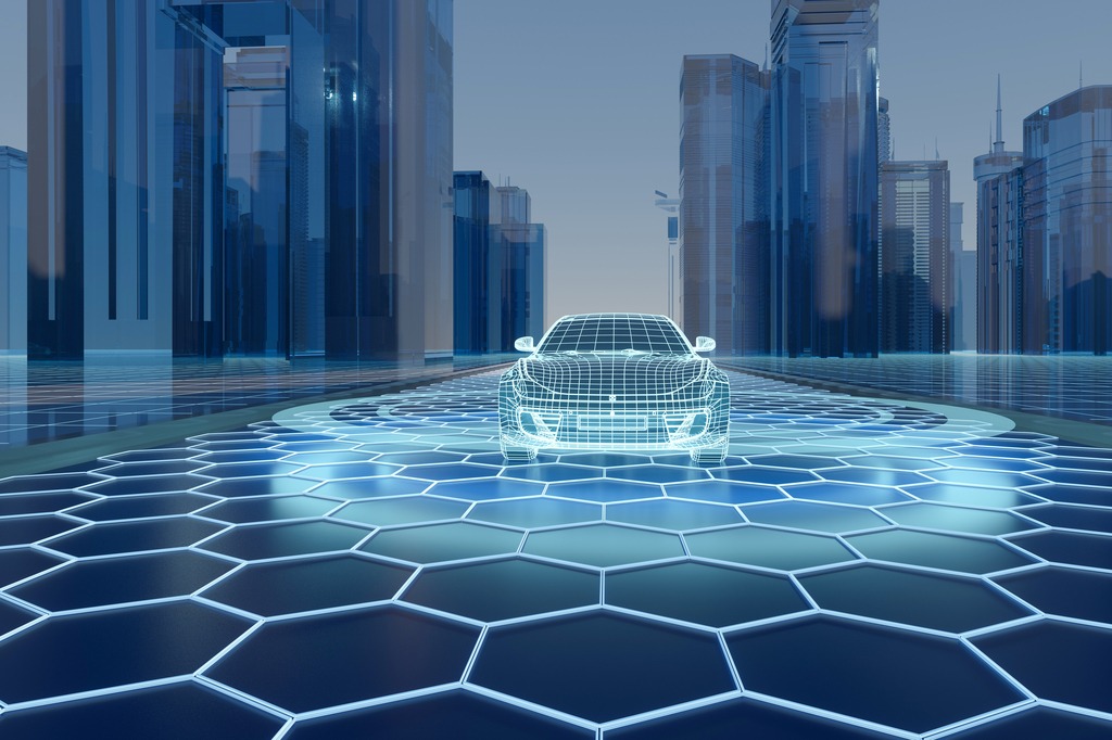 Autonomous vehicle illustration with blue digital data overlay, representing vehicle identification and specification data within an automotive database.