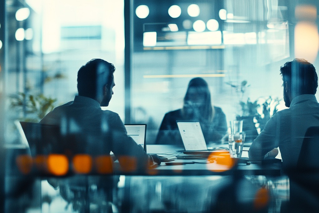Automotive professionals reviewing vehicle data during business meeting.